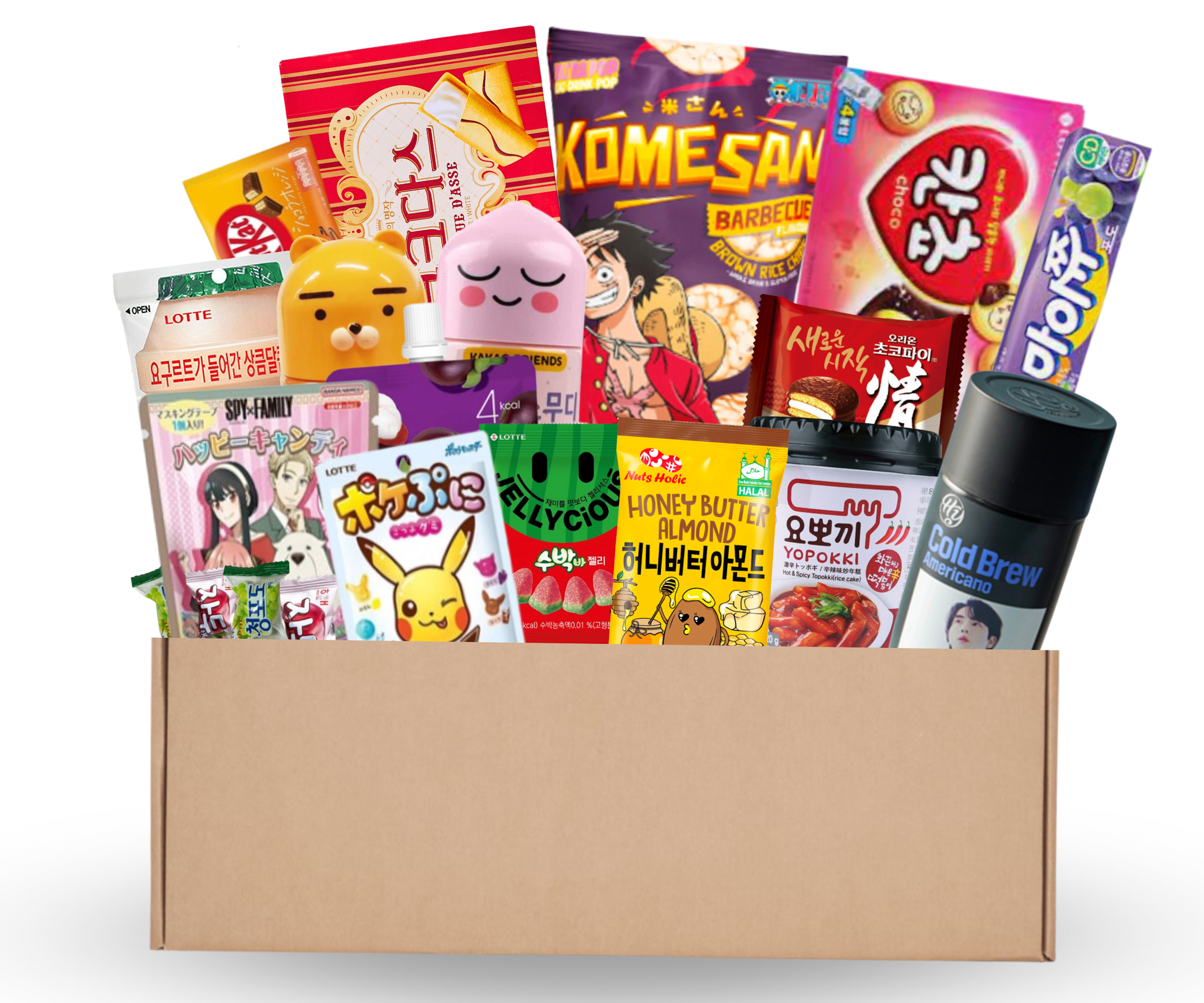 Vorderansicht der Asia Surprise Snack Box M (20set) mit asiatischen Snacks.