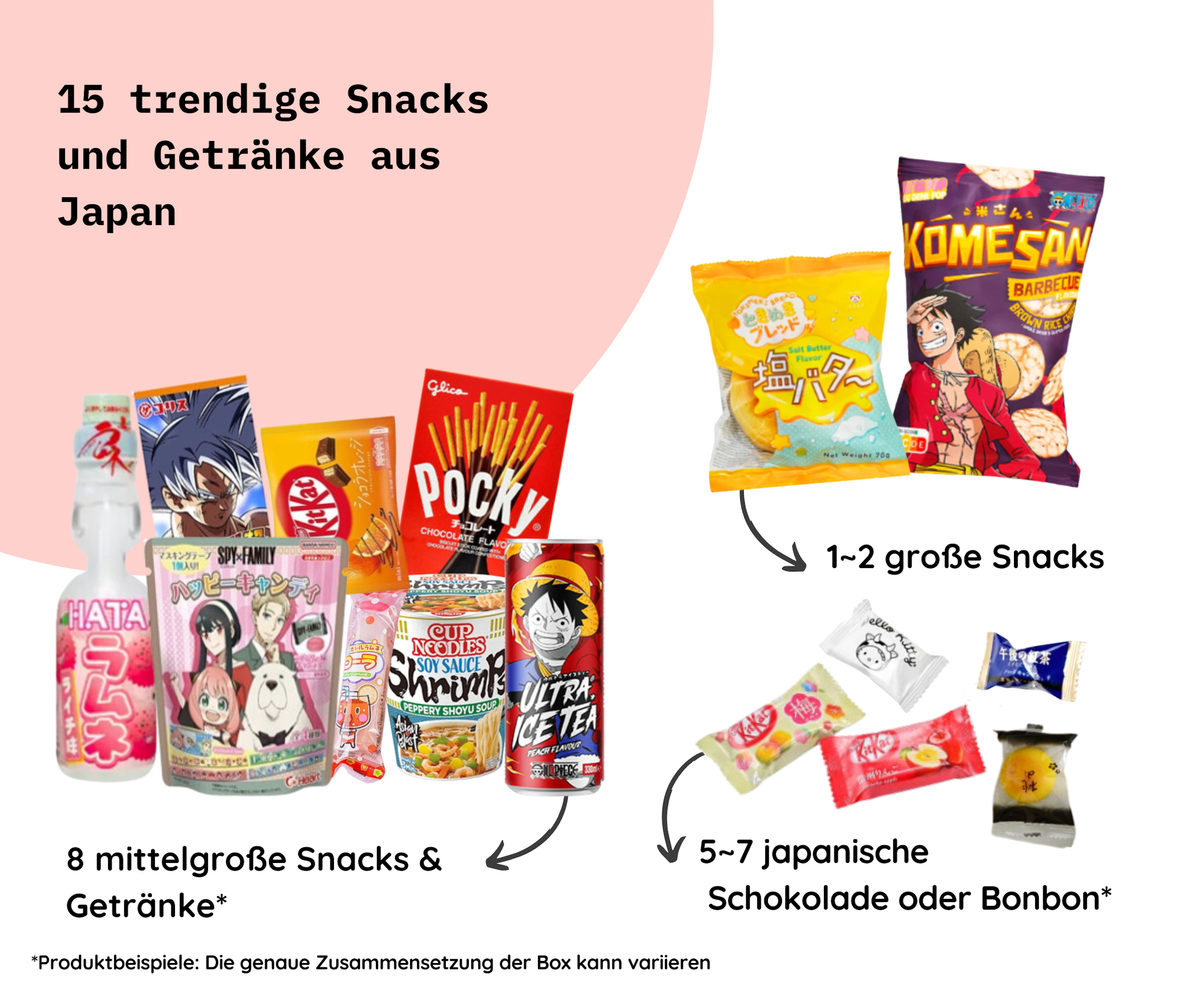 Nahaufnahme von großen Snacks aus der Japan Surprise Snack Box S (15set).