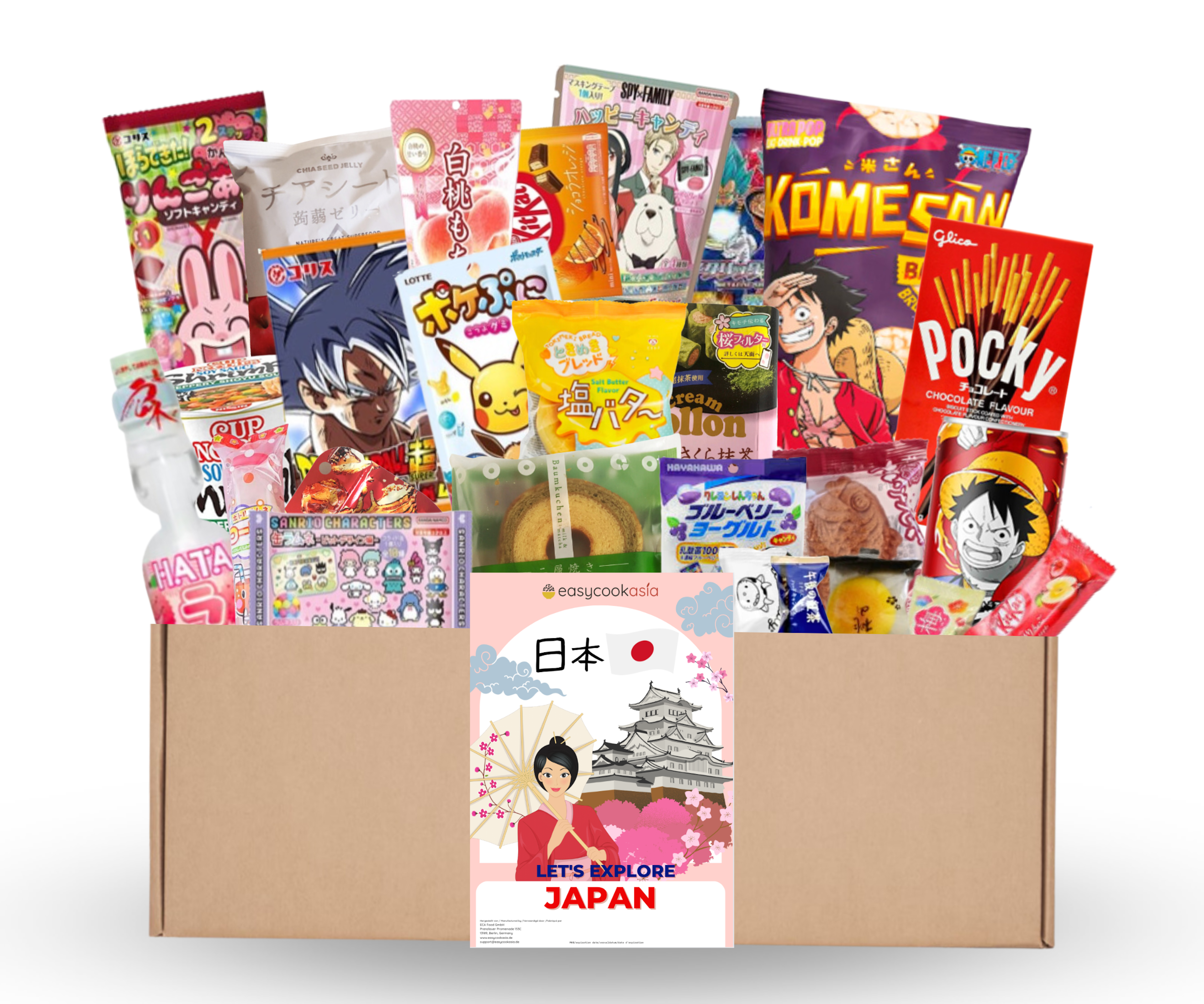 Vorderansicht der Japan Surprise Snack Box L (25set) mit japanischen Snacks.