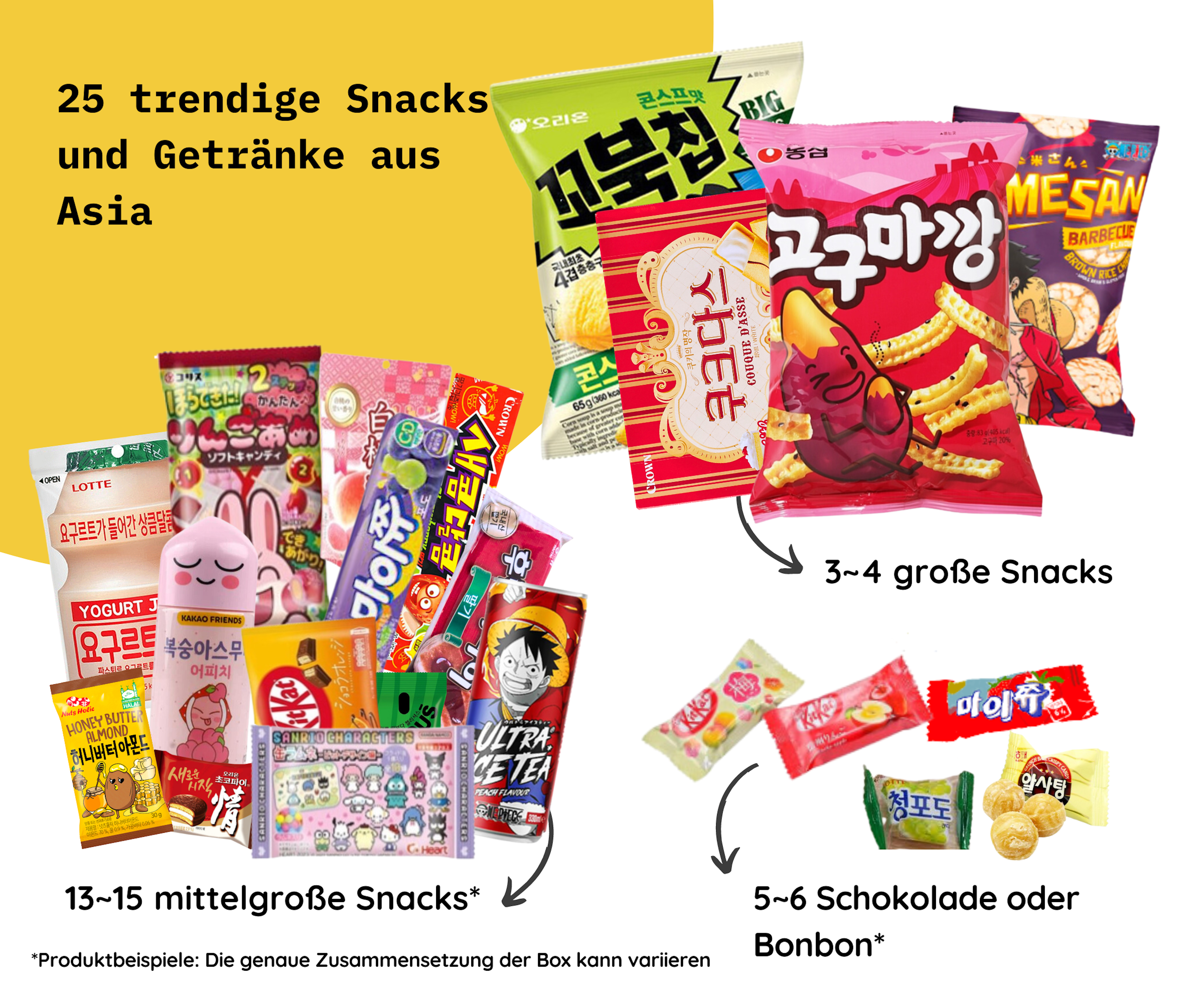 Nahaufnahme von verschiedenen Schokoladen und Bonbons aus der Asia Surprise Snack Box L (25set).