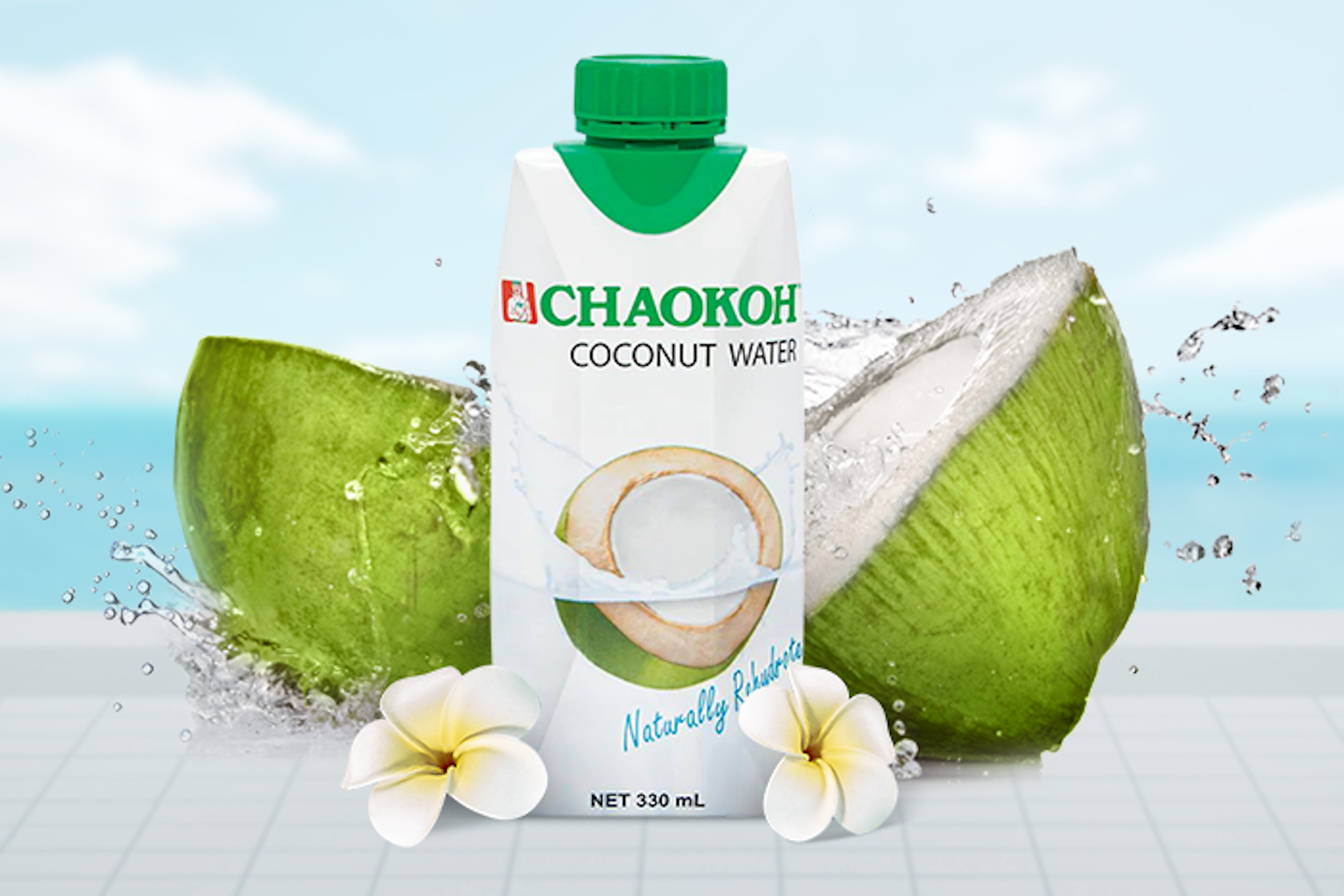 Nahaufnahme eines geöffneten Chaokoh Kokosnusswasser 330ml: Ein einzelnes Kokosnusswasser, geöffnet und bereit zum Trinken