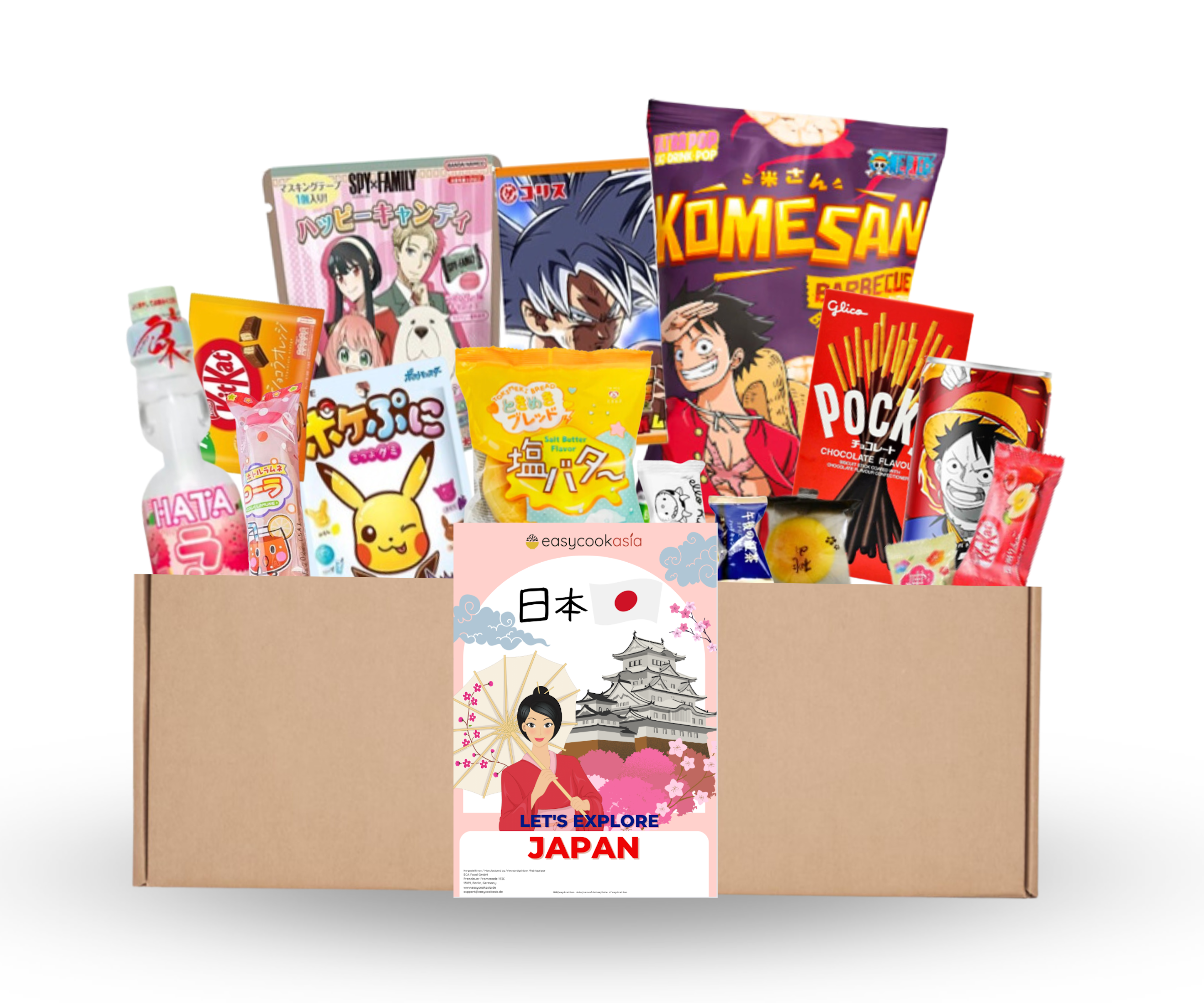 Vorderansicht der Japan Surprise Snack Box S (15set) mit japanischen Snacks.