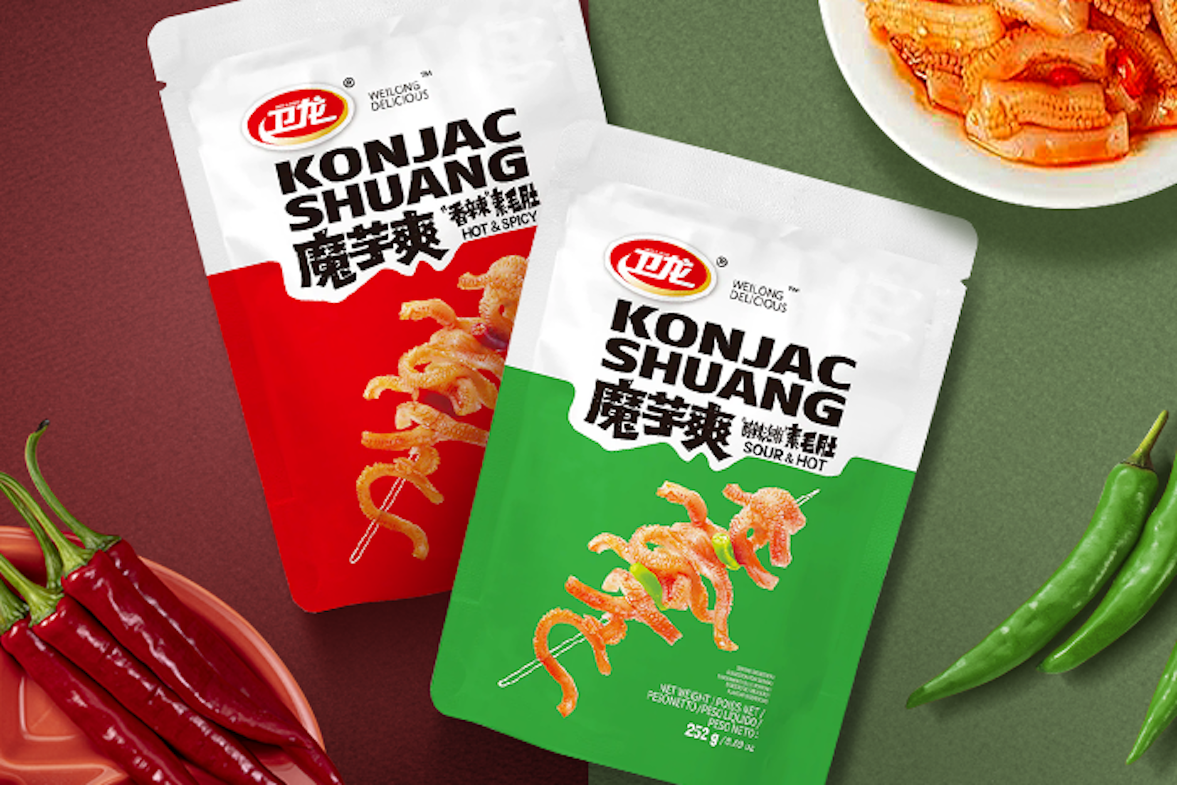 Vorderansicht der Wei Long Konjak Shuang Hot & Spicy 252g Packung.
