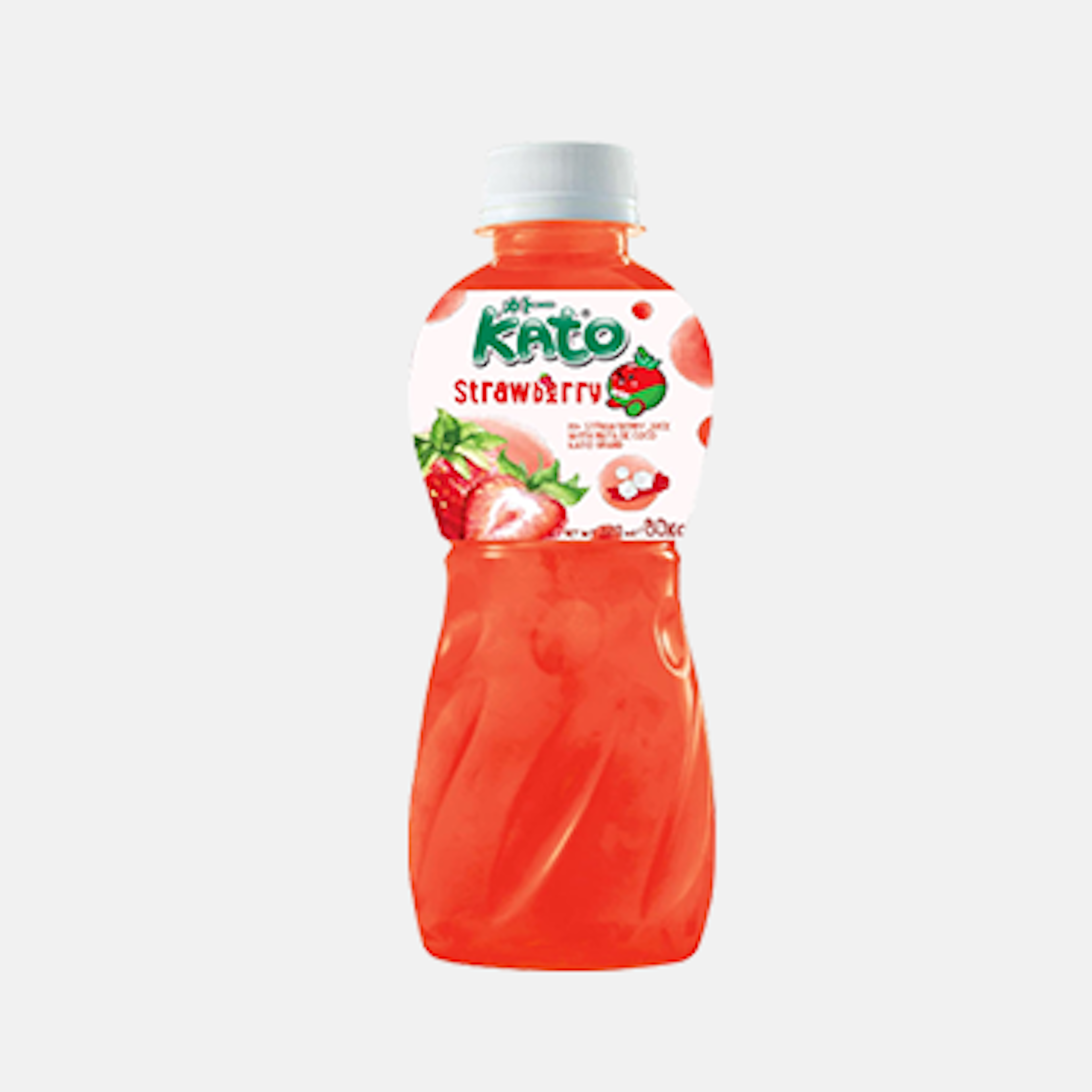 Vorderansicht der KATO Erdbeersaft mit Nata De Coco 320ml Flasche.