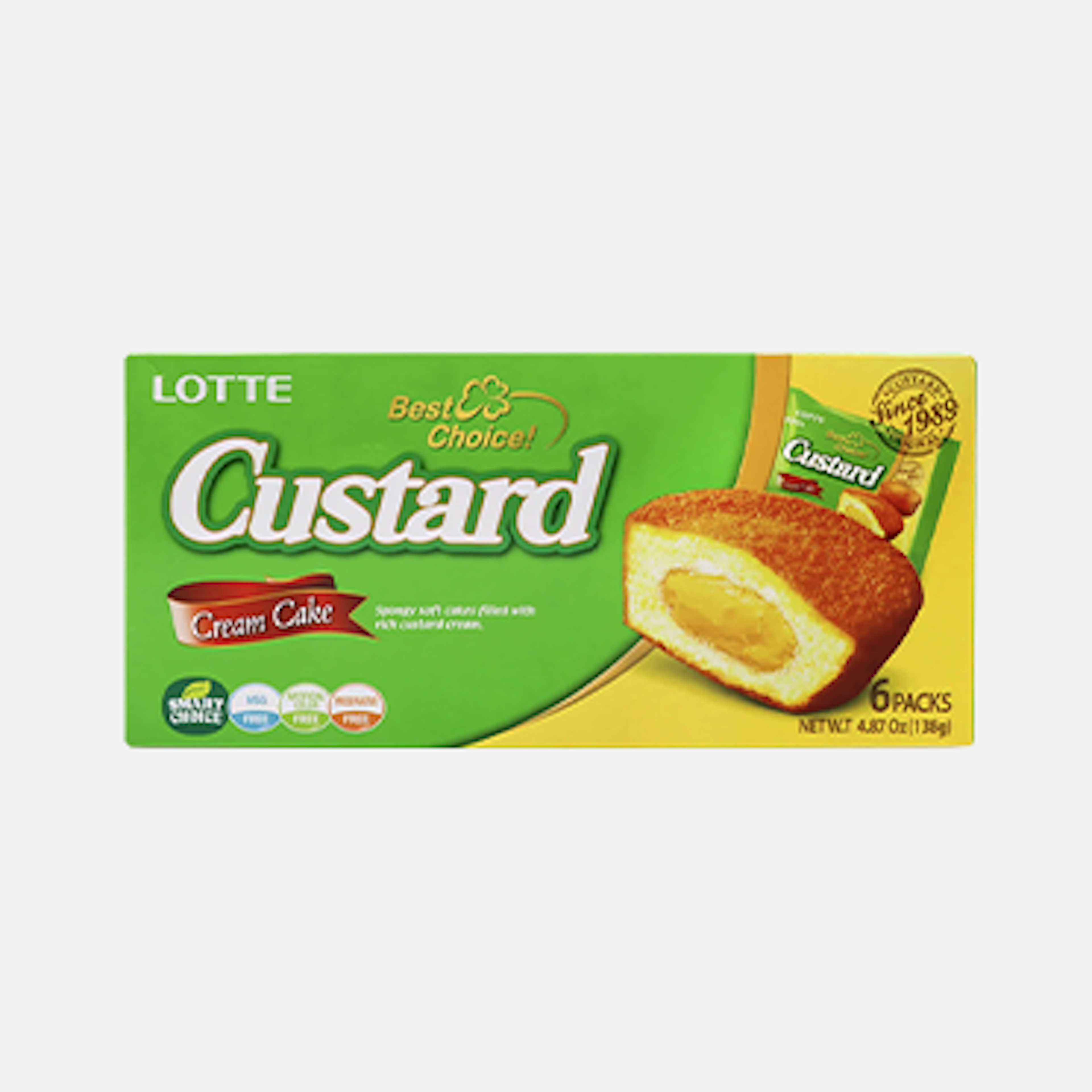 A pack of Lotte Custard Cream Cake Snack 138g showing the individually wrapped cakes.