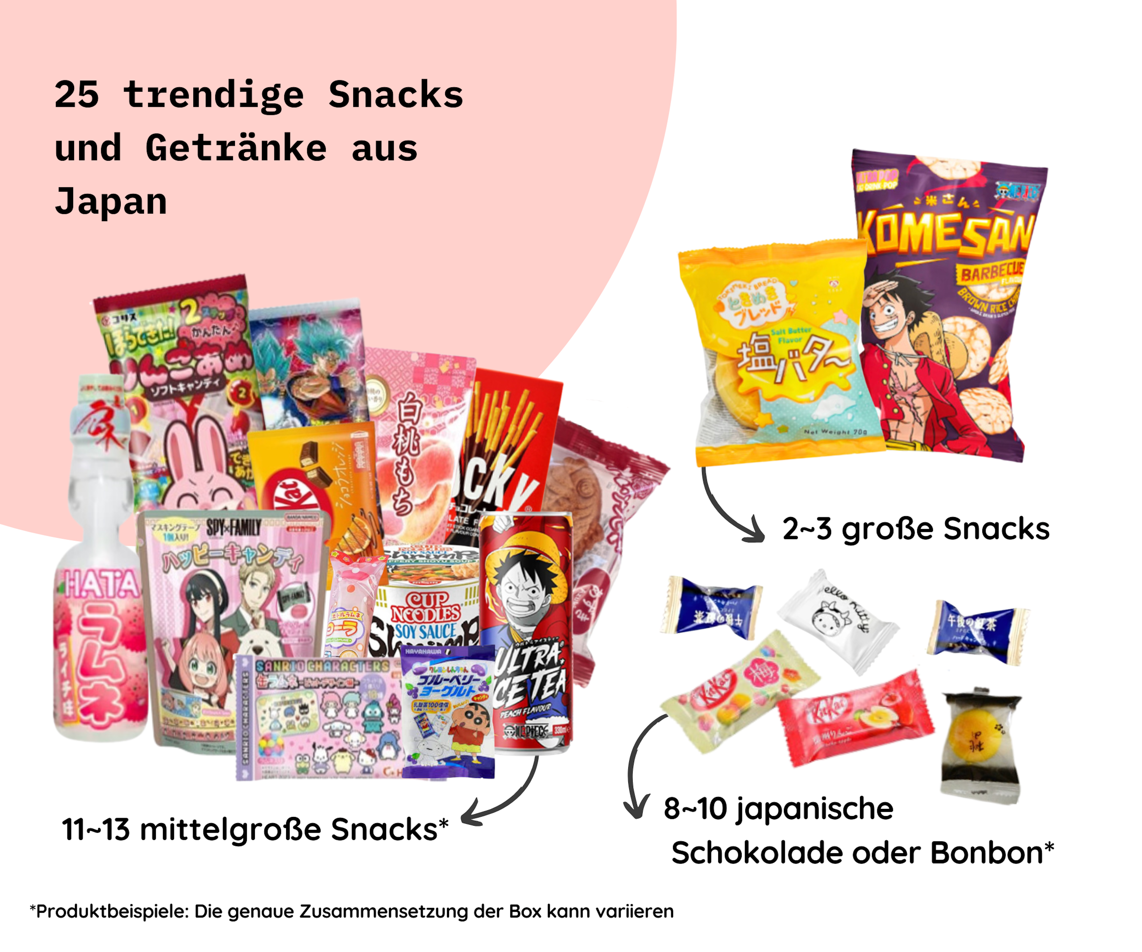 Nahaufnahme von verschiedenen Schokoladen und Bonbons aus der Japan Surprise Snack Box L (25set).