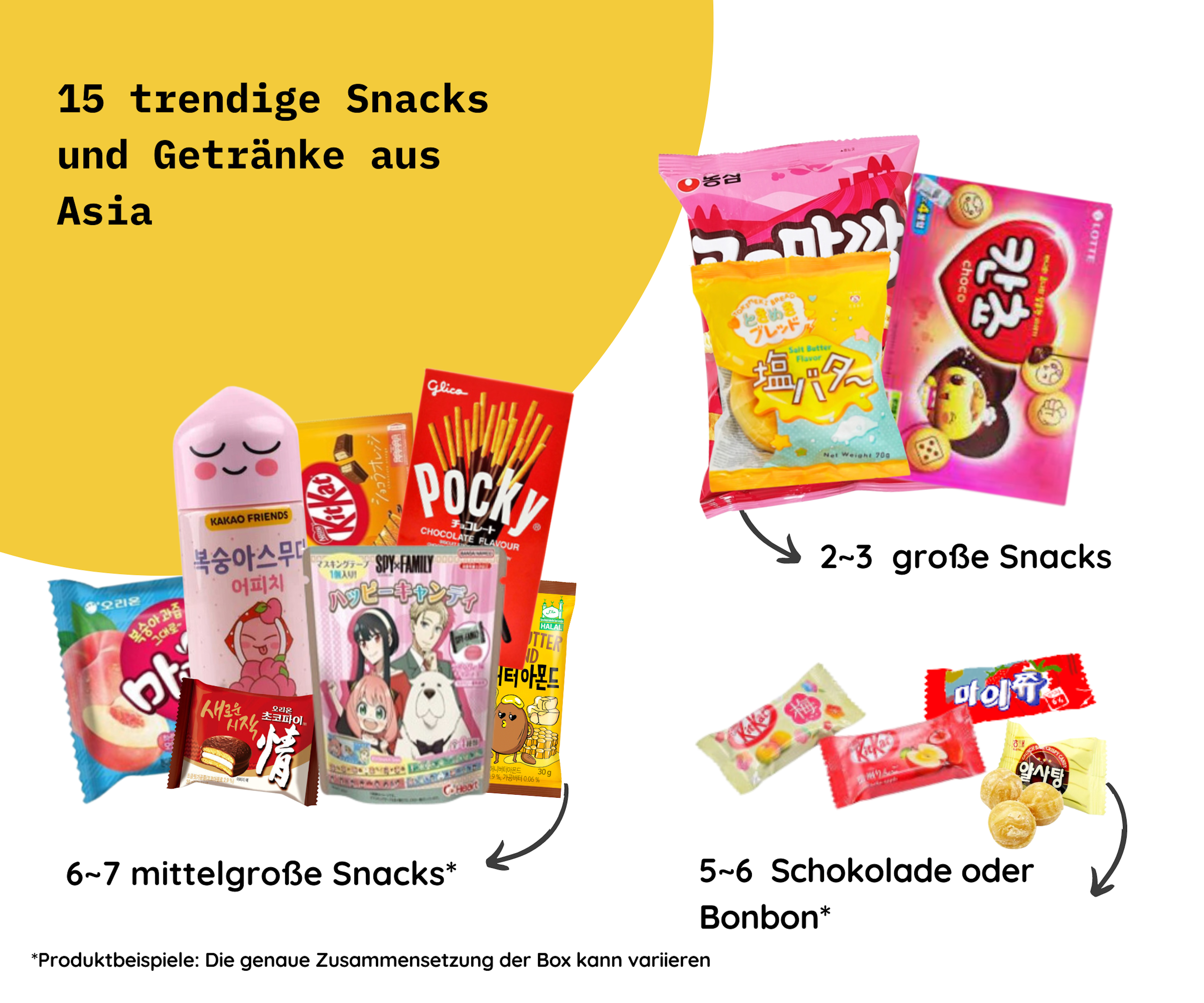 Nahaufnahme von großen Snacks aus der Asia Surprise Snack Box S (15set).