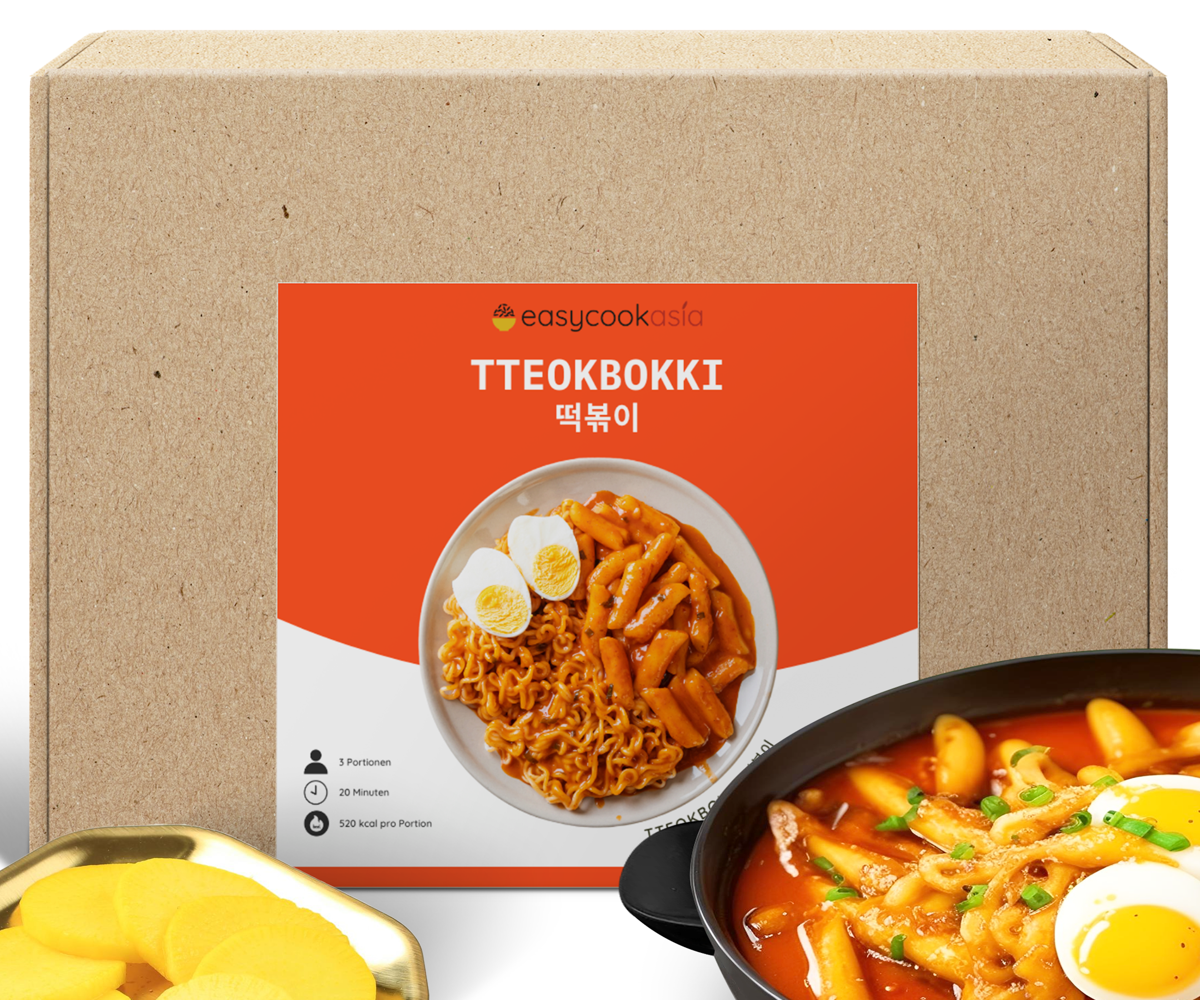 Vorderansicht der Tteokbokki Box: Zeigt die Verpackung und den Inhalt, einschließlich der Reiskuchen und der Gochujang-Sauce.