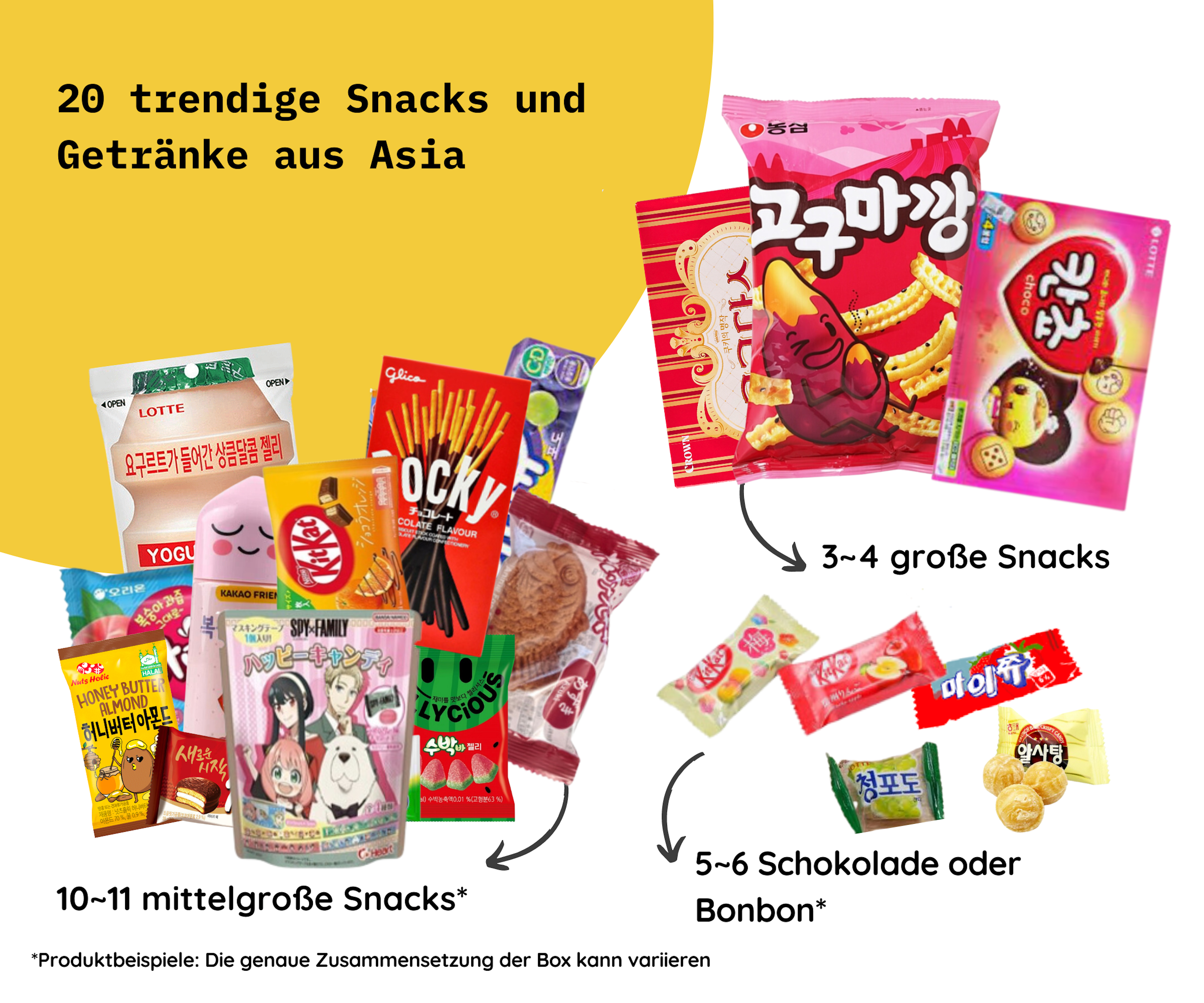 Nahaufnahme von mittelgroßen Snacks und Getränken aus der Asia Surprise Snack Box M (20set).