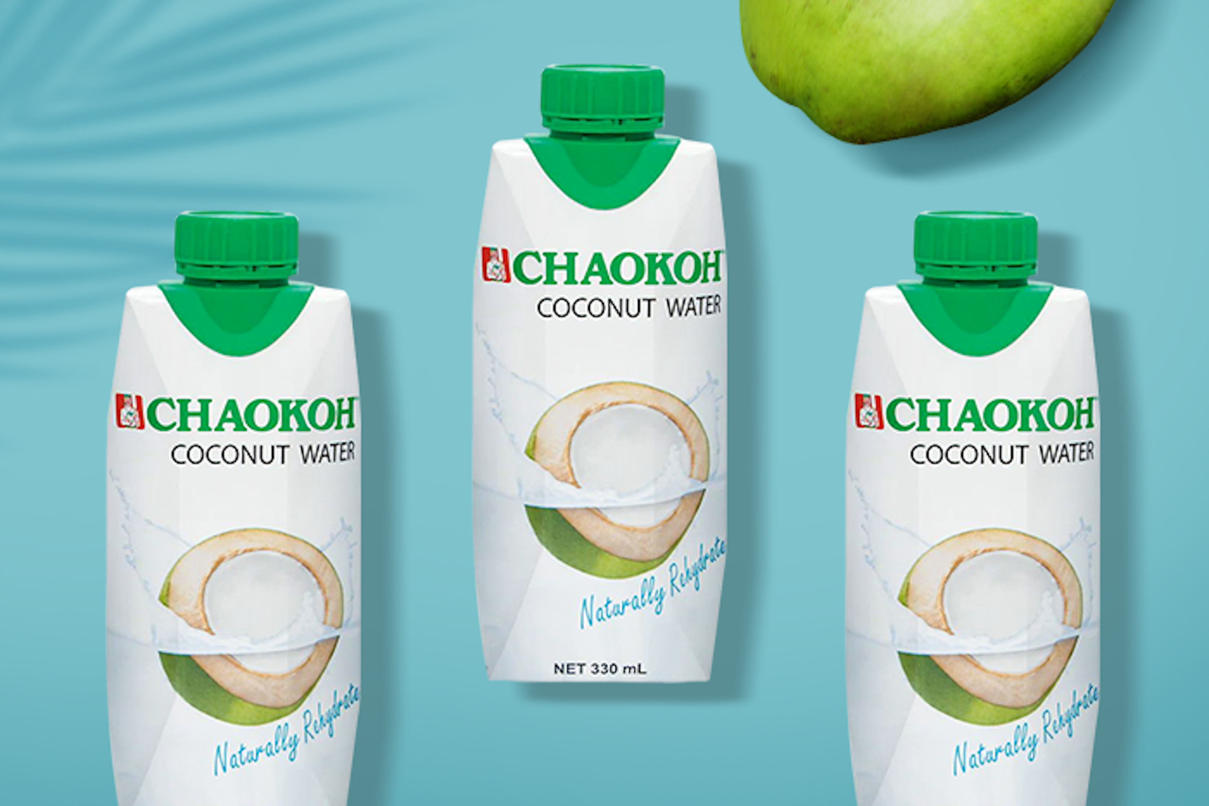 Ein Glas mit Chaokoh Kokosnusswasser, servierfertig: Ein Glas mit eisgekühltem Kokosnusswasser, bereit zum Genuss