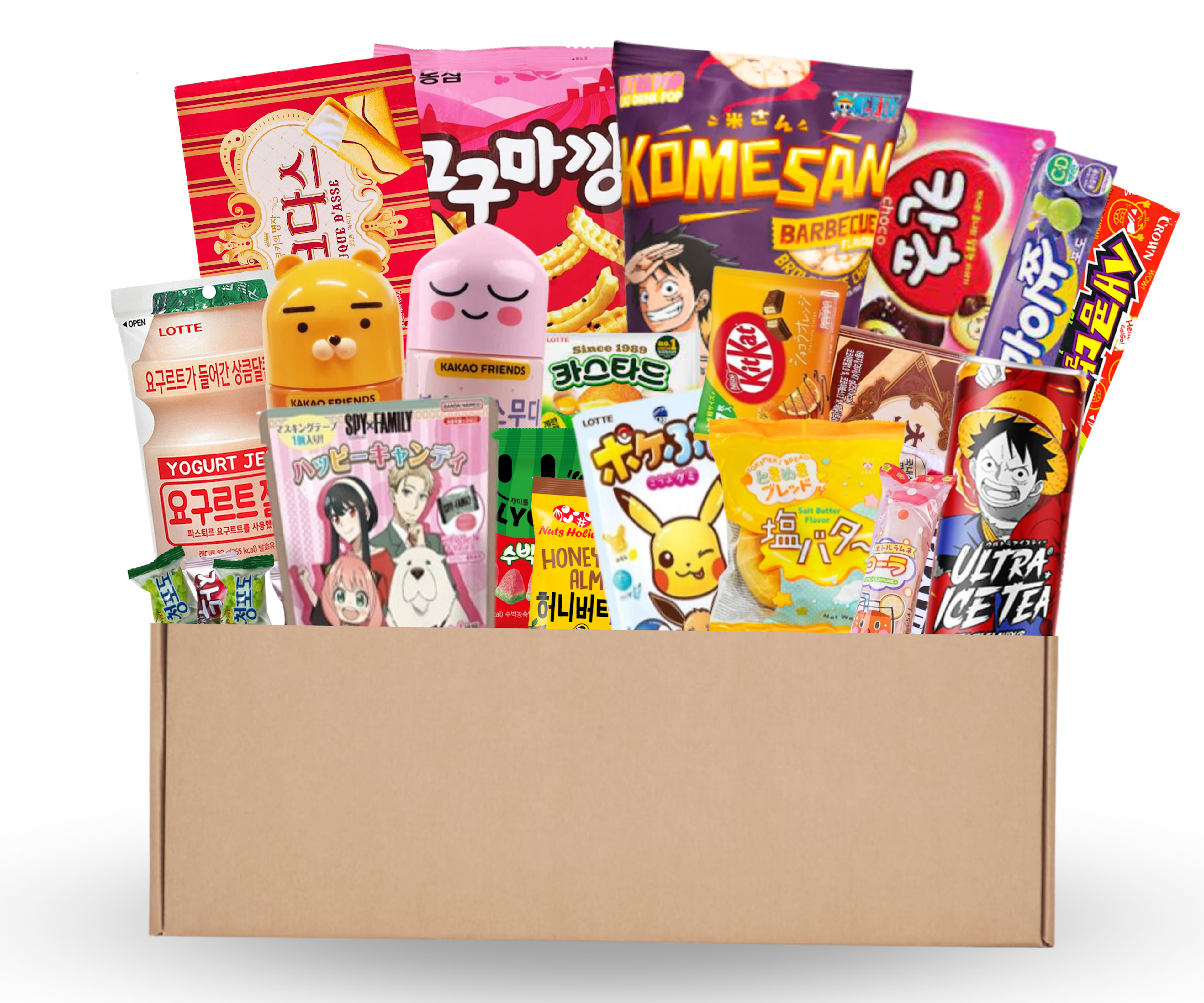 Vorderansicht der Asia Surprise Snack Box L (25set) mit asiatischen Snacks.