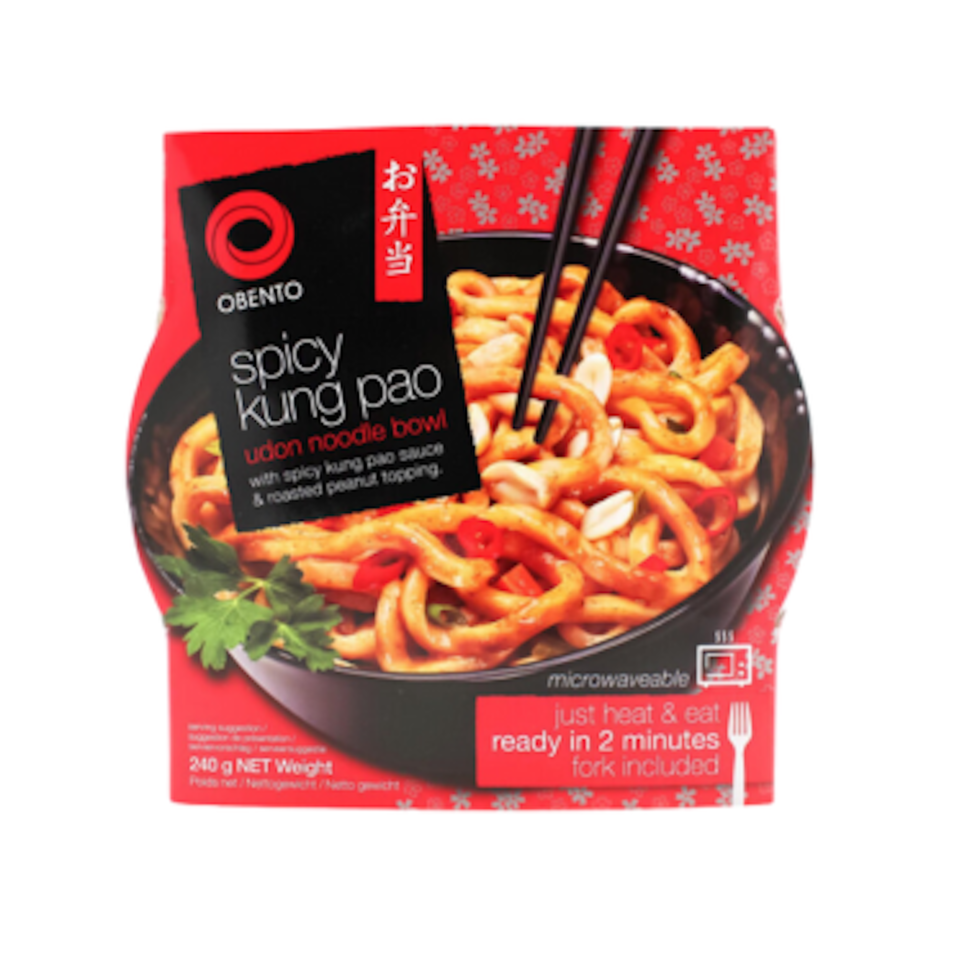Vorderansicht der Obento Spicy Kung Pao Udon Noodle Bowl Verpackung: Zeigt das ansprechende Design und die Verpackungsgröße