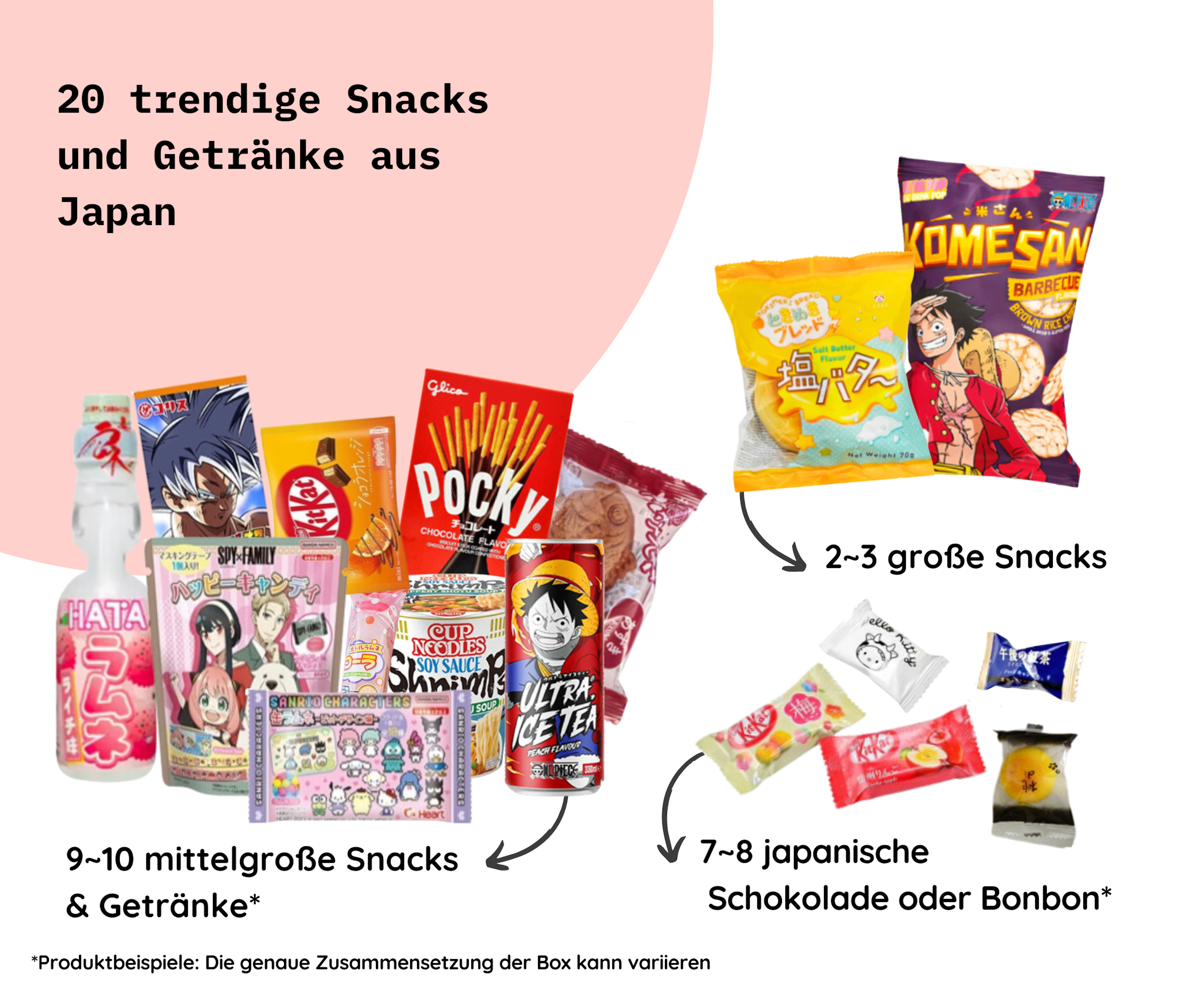 Nahaufnahme von mittelgroßen Snacks und Getränken aus der Japan Surprise Snack Box M (20set).