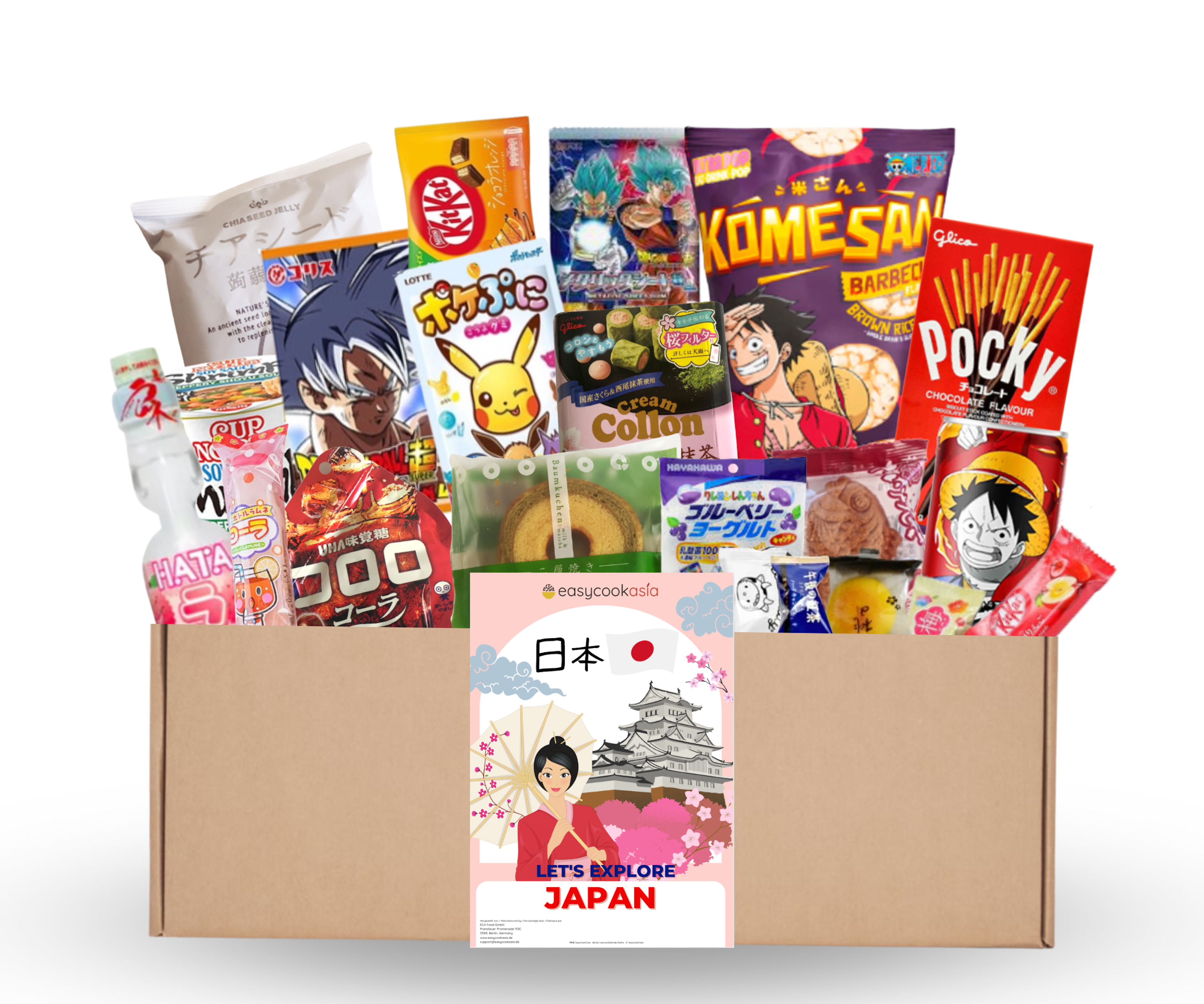 Vorderansicht der Japan Surprise Snack Box M (20set) mit japanischen Snacks.