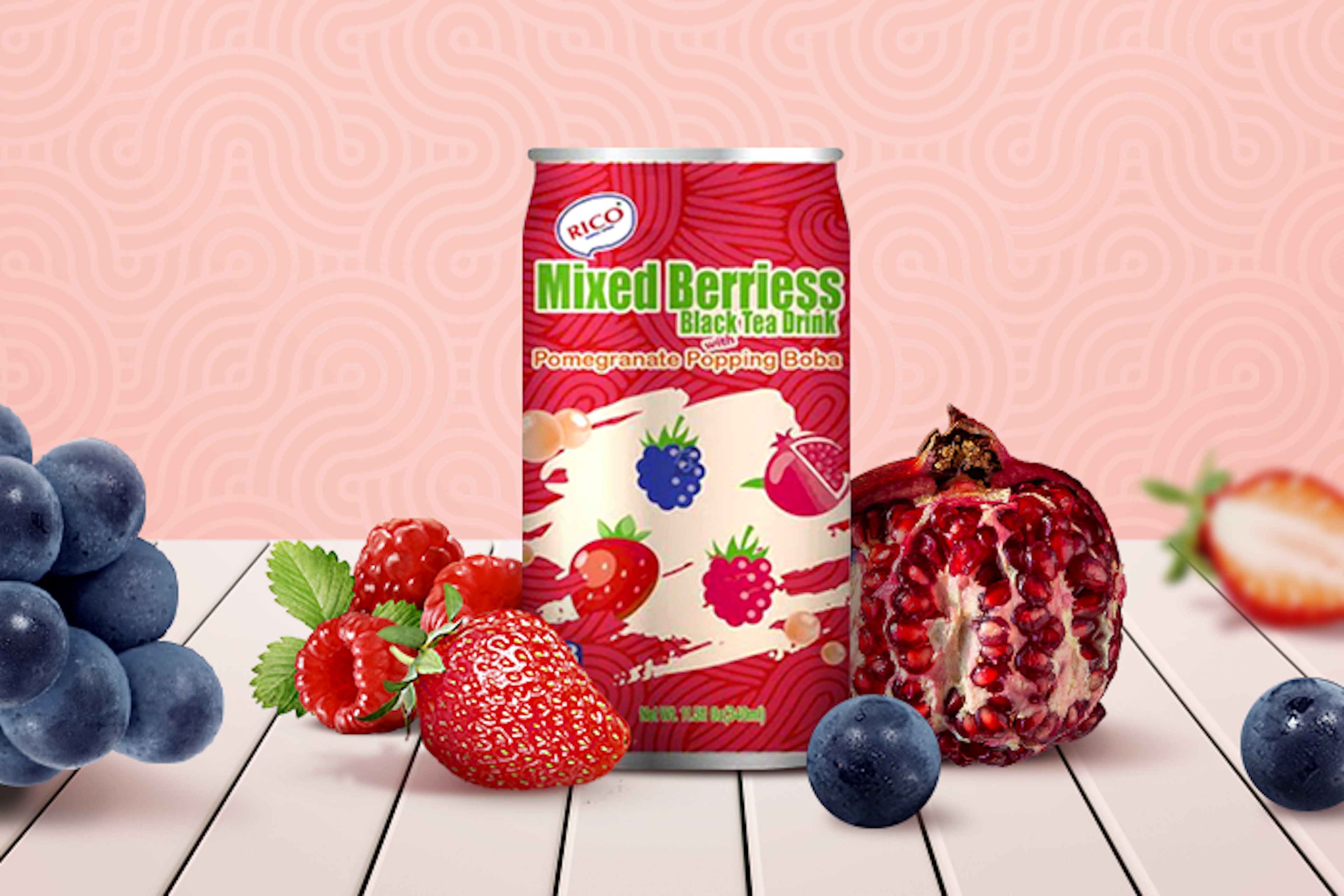 RICO Black Tea Drink with Mixed Berries & Pomegranate Boba 340ml - Refreshing Tea Beverage